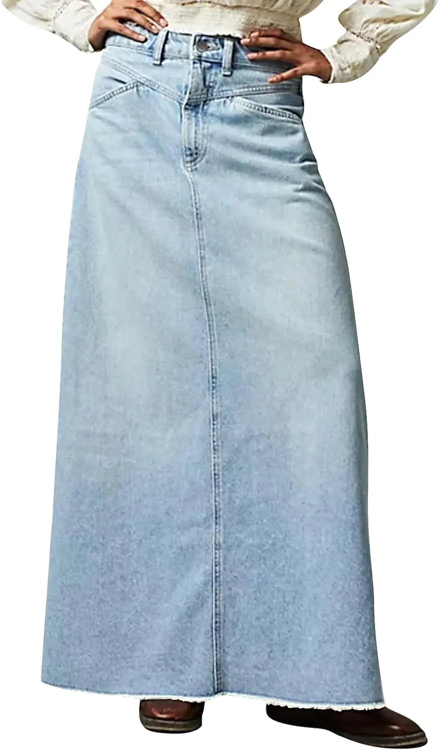 Long Denim Skirts for Women Trendy Frayed Hem Button Down High Waisted Jean Skirt Maxi Jean Skirt with Pockets