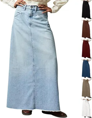 Long Denim Skirts for Women Trendy Frayed Hem Button Down High Waisted Jean Skirt Maxi Jean Skirt with Pockets