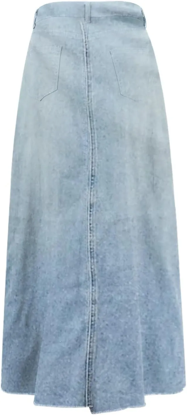 Long Denim Skirts for Women Trendy Frayed Hem Button Down High Waisted Jean Skirt Maxi Jean Skirt with Pockets