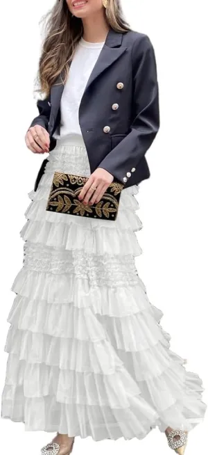 Long Flowy Tulle Skirts for Women Trendy High Waisted A-Line Fairy Mesh Ruffle Tiered Maxi Skirt