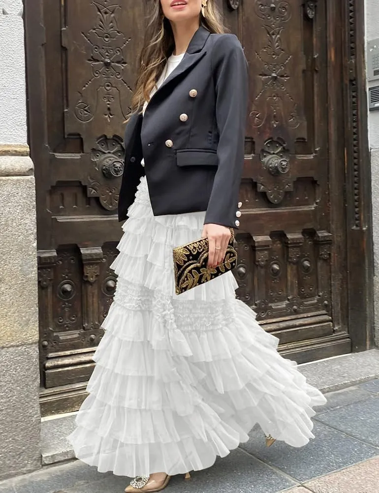 Long Flowy Tulle Skirts for Women Trendy High Waisted A-Line Fairy Mesh Ruffle Tiered Maxi Skirt