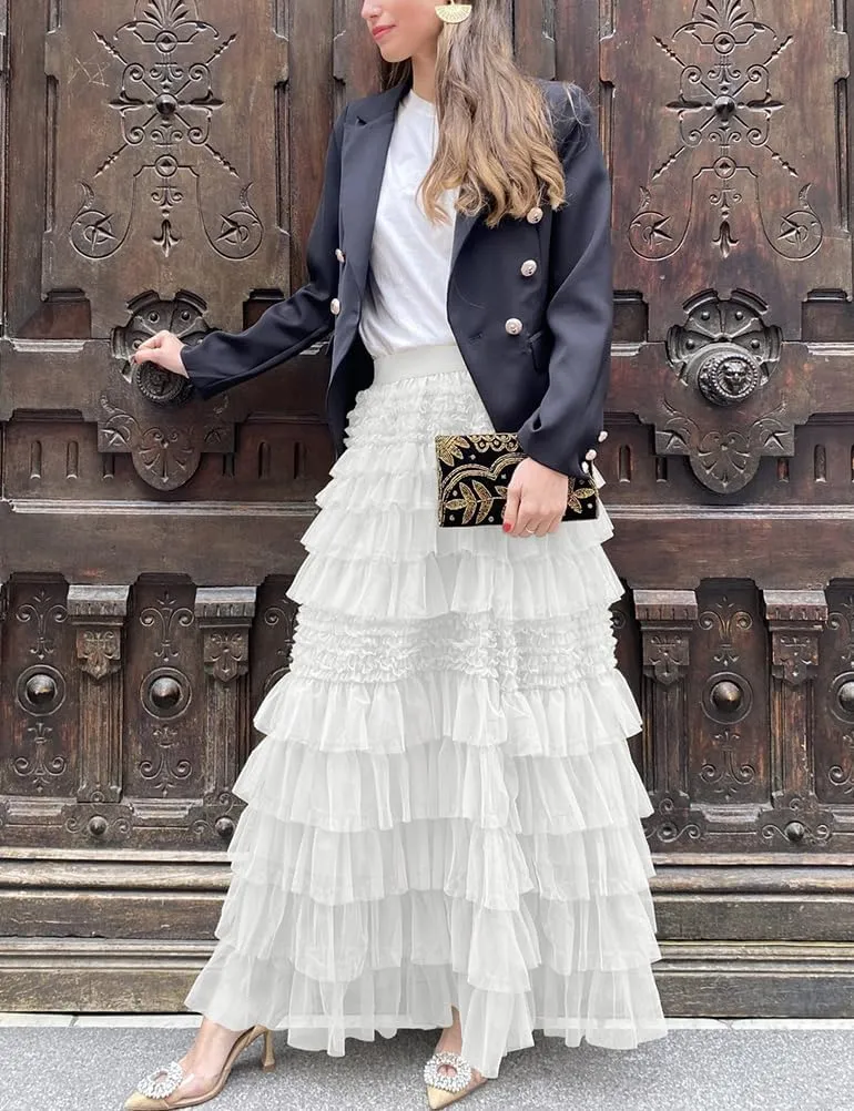 Long Flowy Tulle Skirts for Women Trendy High Waisted A-Line Fairy Mesh Ruffle Tiered Maxi Skirt