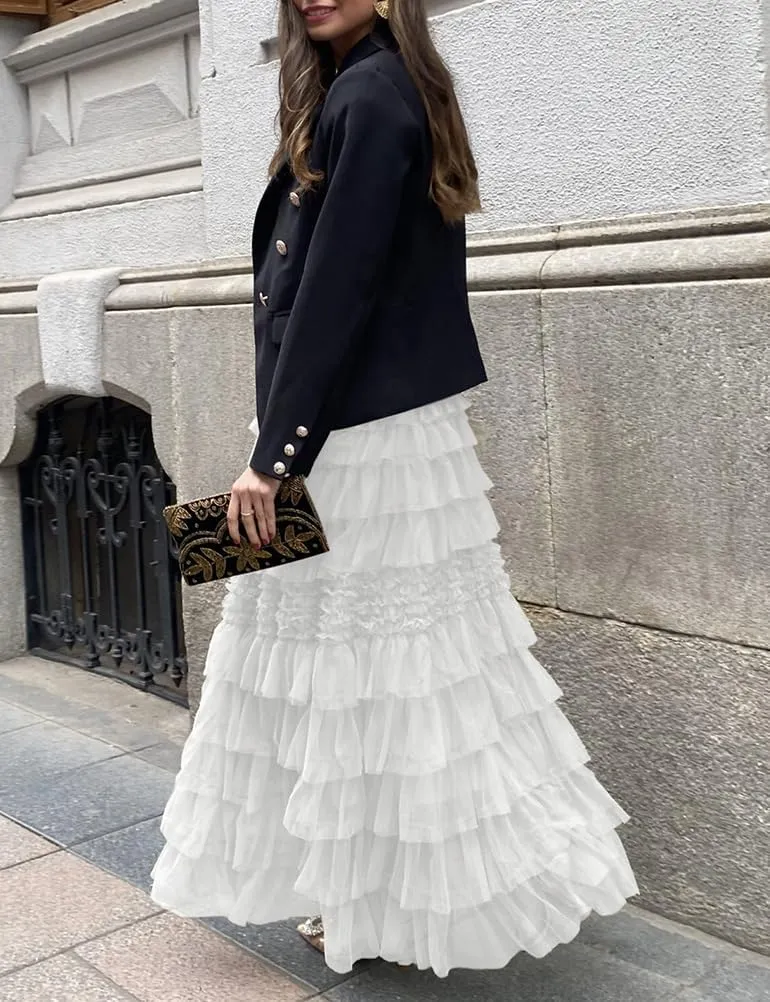 Long Flowy Tulle Skirts for Women Trendy High Waisted A-Line Fairy Mesh Ruffle Tiered Maxi Skirt