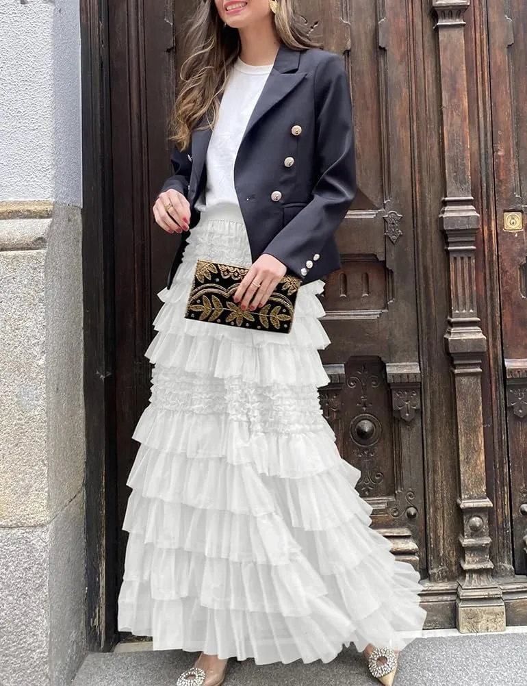 Long Flowy Tulle Skirts for Women Trendy High Waisted A-Line Fairy Mesh Ruffle Tiered Maxi Skirt