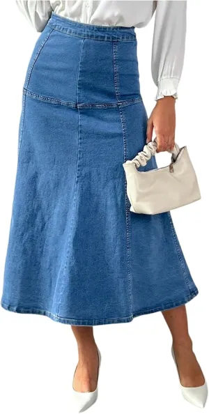 Long Jean Skirts for Women Denim Skirt Casual High Waisted Stretchy Tiered Skirt Summer Flowy Maxi A Line Skirts