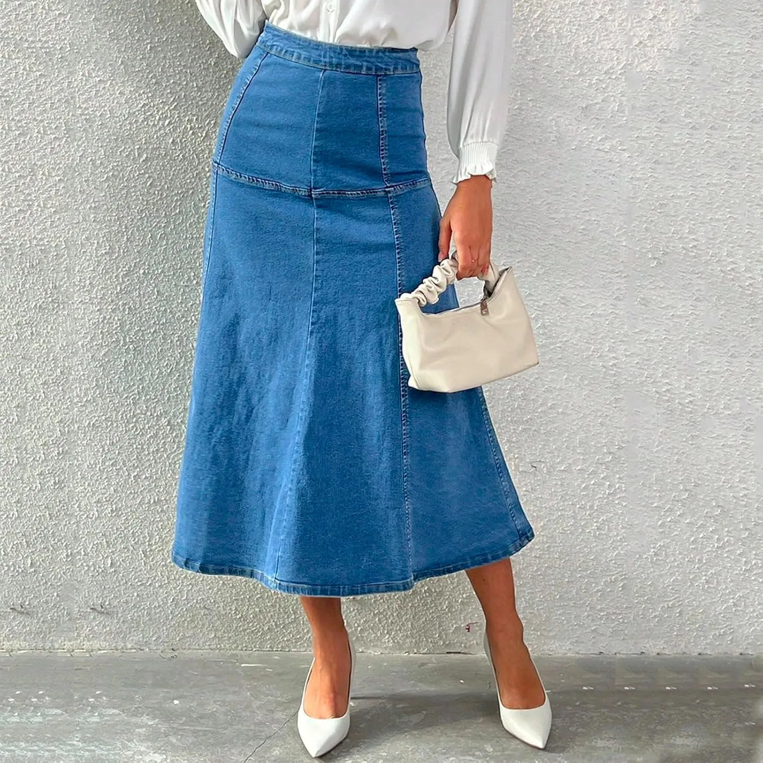 Long Jean Skirts for Women Denim Skirt Casual High Waisted Stretchy Tiered Skirt Summer Flowy Maxi A Line Skirts