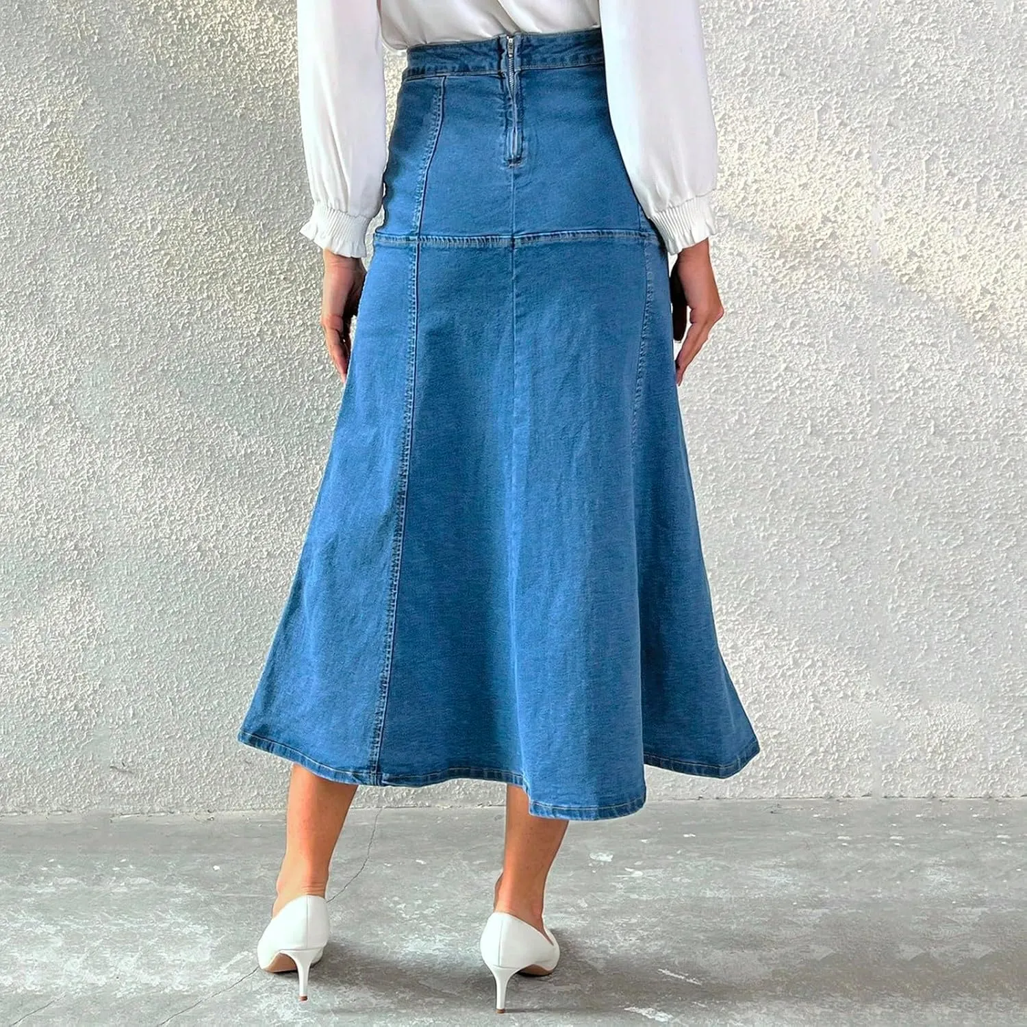 Long Jean Skirts for Women Denim Skirt Casual High Waisted Stretchy Tiered Skirt Summer Flowy Maxi A Line Skirts