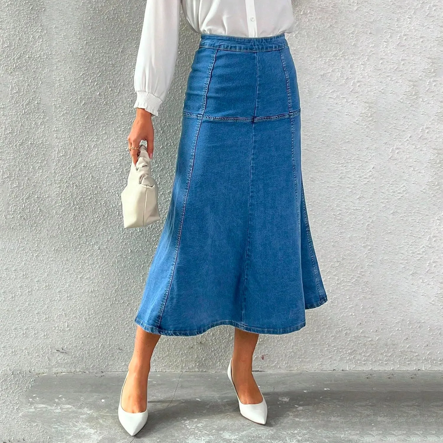 Long Jean Skirts for Women Denim Skirt Casual High Waisted Stretchy Tiered Skirt Summer Flowy Maxi A Line Skirts