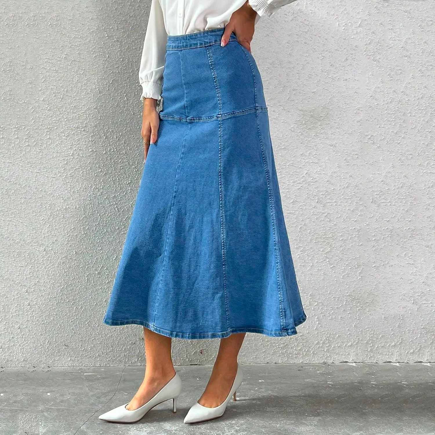 Long Jean Skirts for Women Denim Skirt Casual High Waisted Stretchy Tiered Skirt Summer Flowy Maxi A Line Skirts