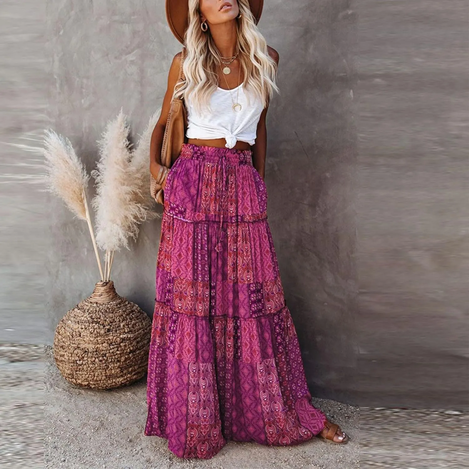 Long Skirts,Trendy Flowy Skirts for Women 2025 Elastic High Waisted Pleated Womens Boho Maxi Skirt with Pockets