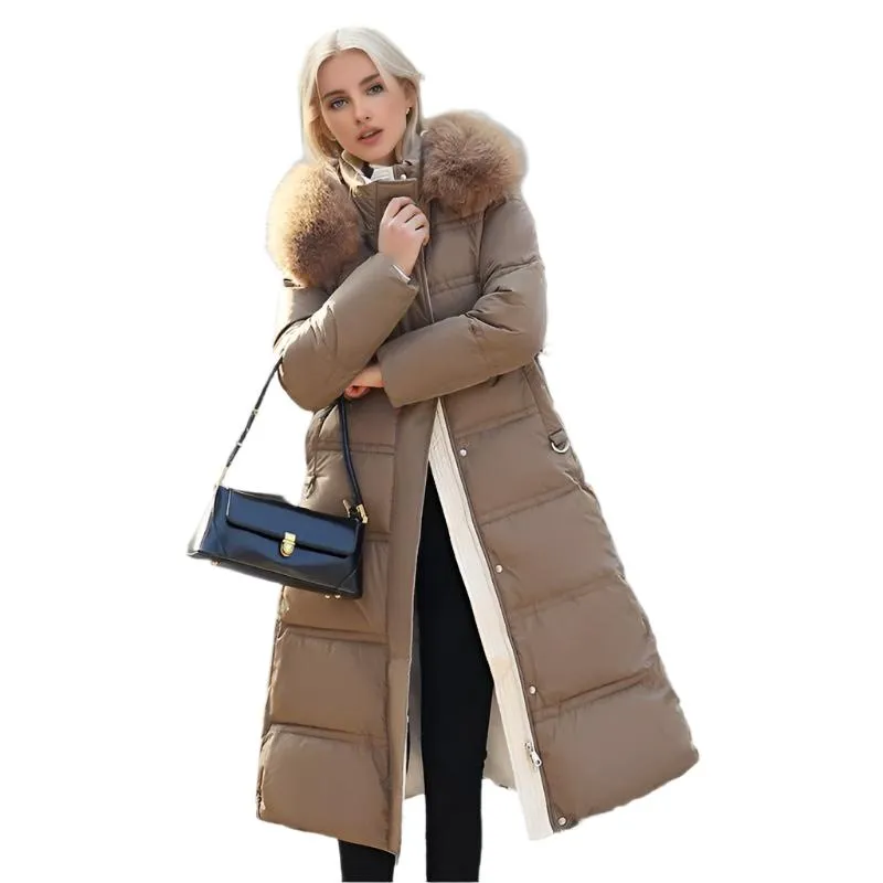 Long Slim Fit Fur Hooded Women's Warm Winter Jacket With Adjustable Belt