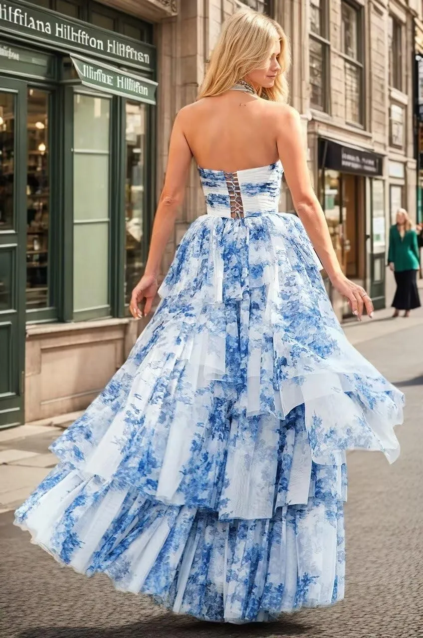 Long Strapless Prom Dress Floral Print Evening Gown for Women A-Line Party Dress with Asymmetrical Tiered