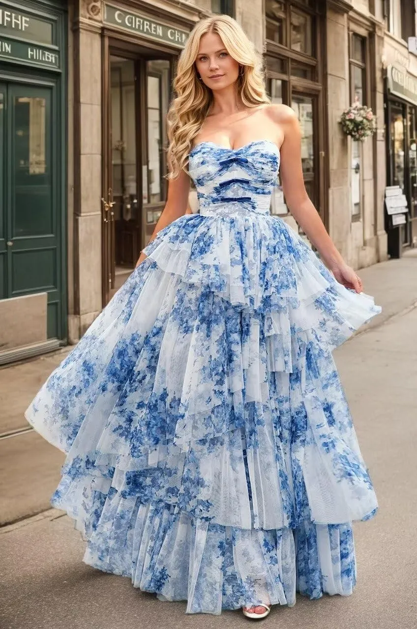 Long Strapless Prom Dress Floral Print Evening Gown for Women A-Line Party Dress with Asymmetrical Tiered