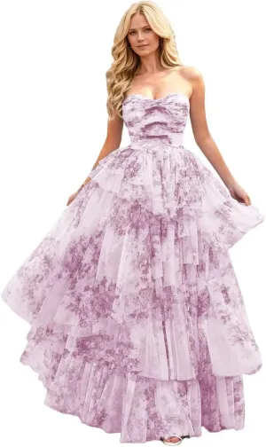 Long Strapless Prom Dress Floral Print Evening Gown for Women A-Line Party Dress with Asymmetrical Tiered