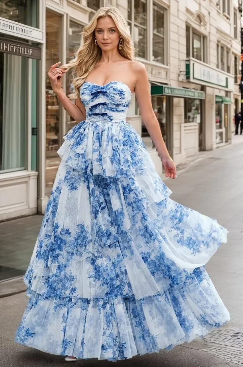Long Strapless Prom Dress Floral Print Evening Gown for Women A-Line Party Dress with Asymmetrical Tiered