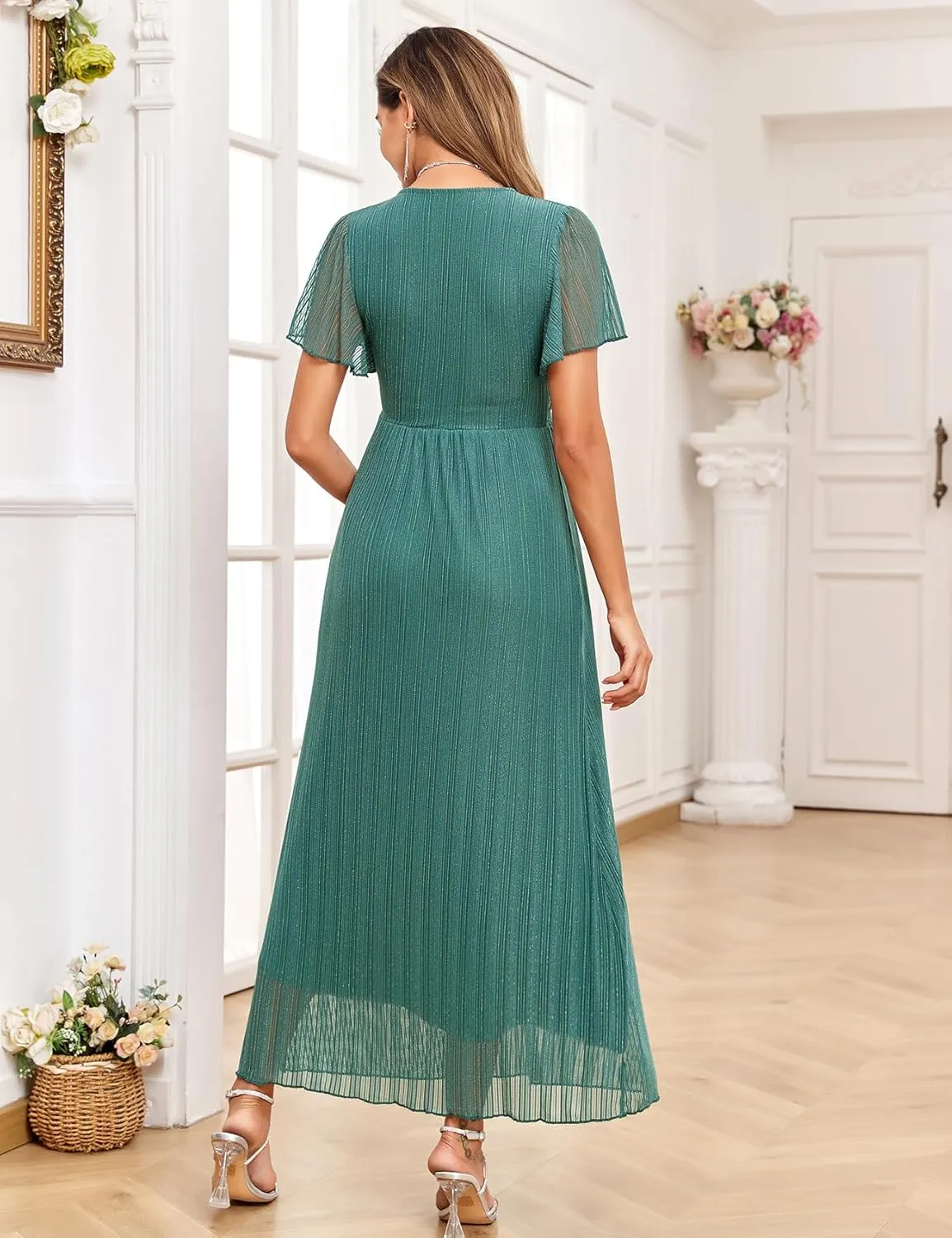 Maternity Sparkly Mesh Maxi Dress Ruffle Sleeve Wrap V Neck Flowy Pregnancy Dresses Baby Shower Photoshoot Formal