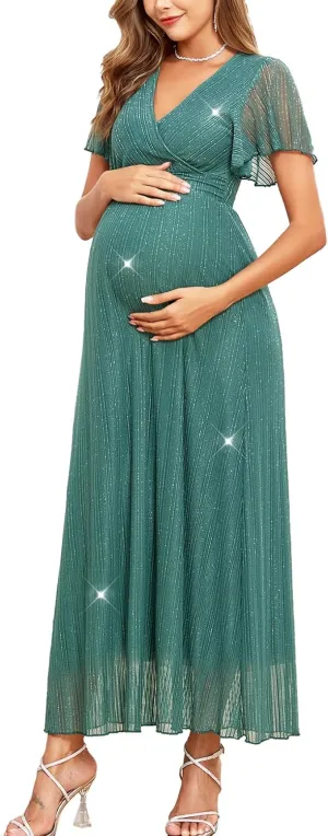 Maternity Sparkly Mesh Maxi Dress Ruffle Sleeve Wrap V Neck Flowy Pregnancy Dresses Baby Shower Photoshoot Formal