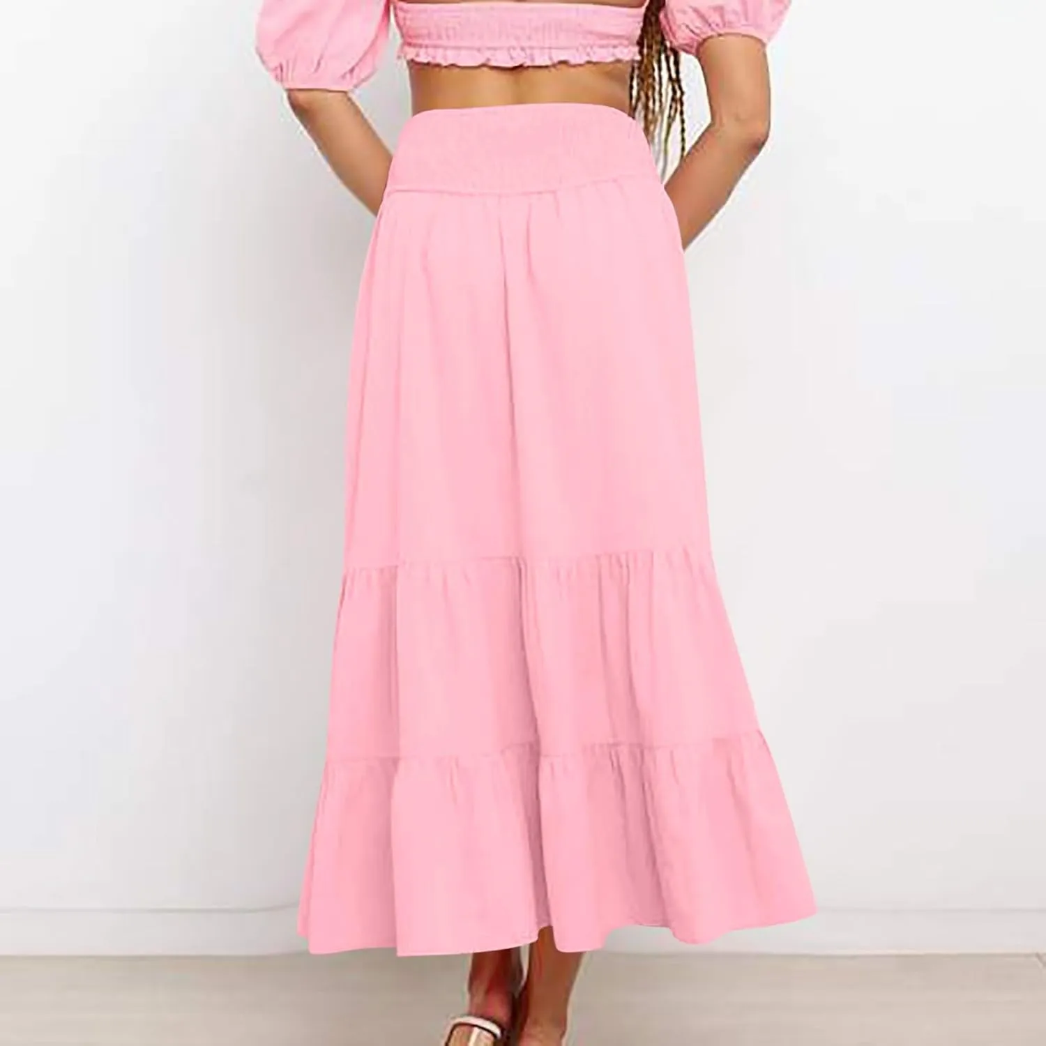 Maxi Skirts for Women Solid Color Ruffle Tiered Pleated Elastic High Waisted Skirt Summer Casual Flowy A Line Skirts