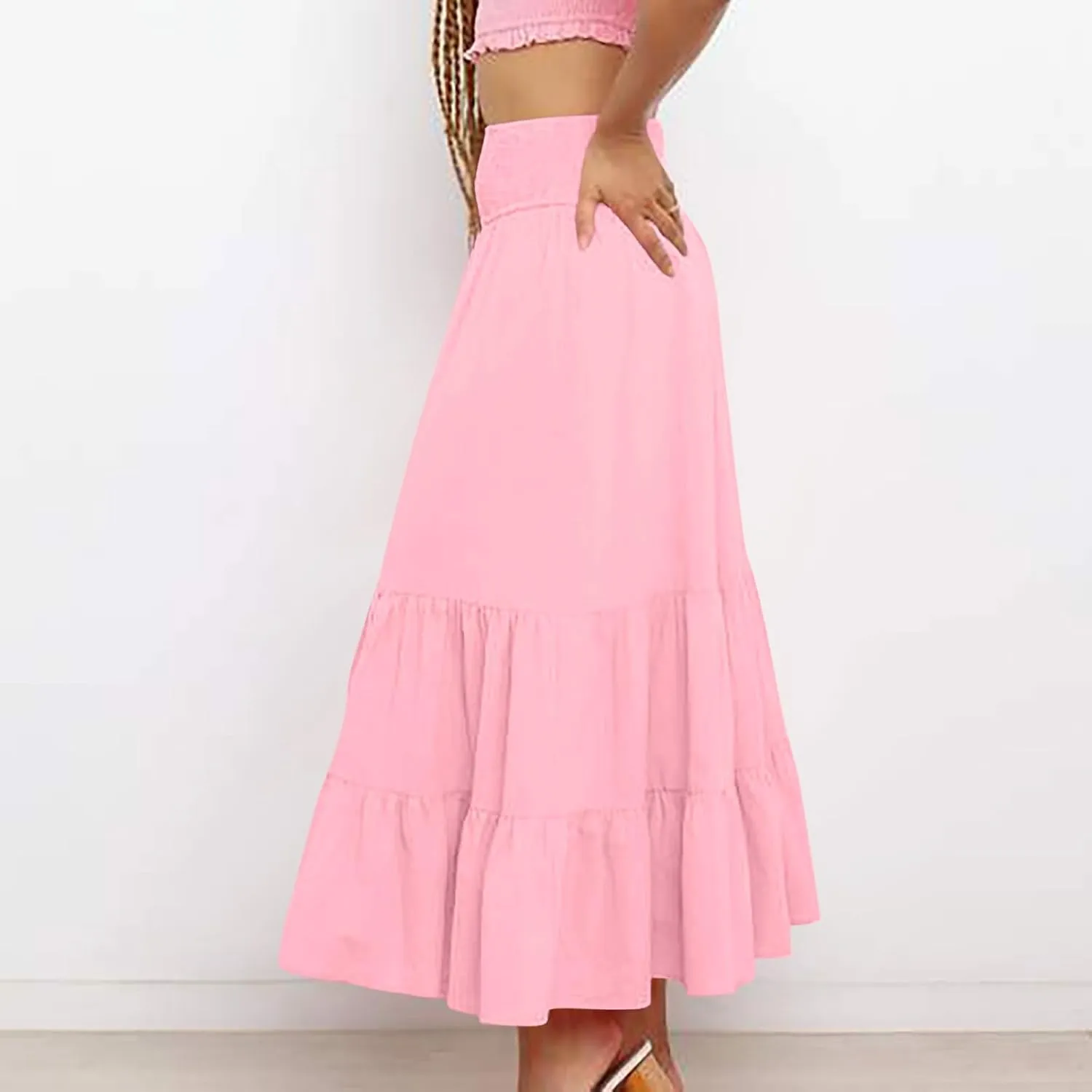 Maxi Skirts for Women Solid Color Ruffle Tiered Pleated Elastic High Waisted Skirt Summer Casual Flowy A Line Skirts