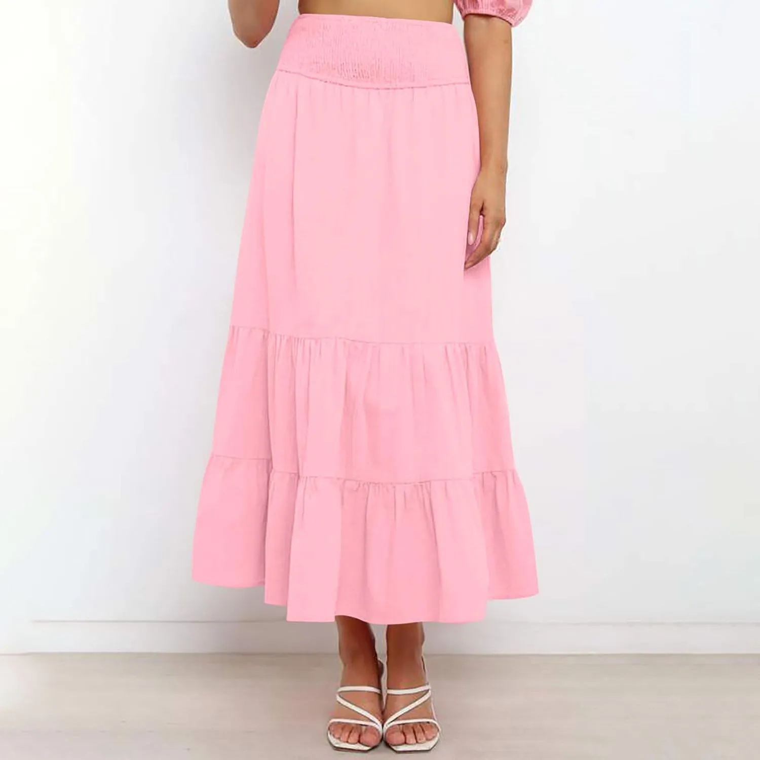 Maxi Skirts for Women Solid Color Ruffle Tiered Pleated Elastic High Waisted Skirt Summer Casual Flowy A Line Skirts