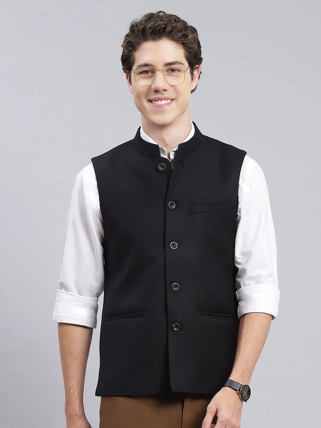 Men Black Solid Wool blend Coat