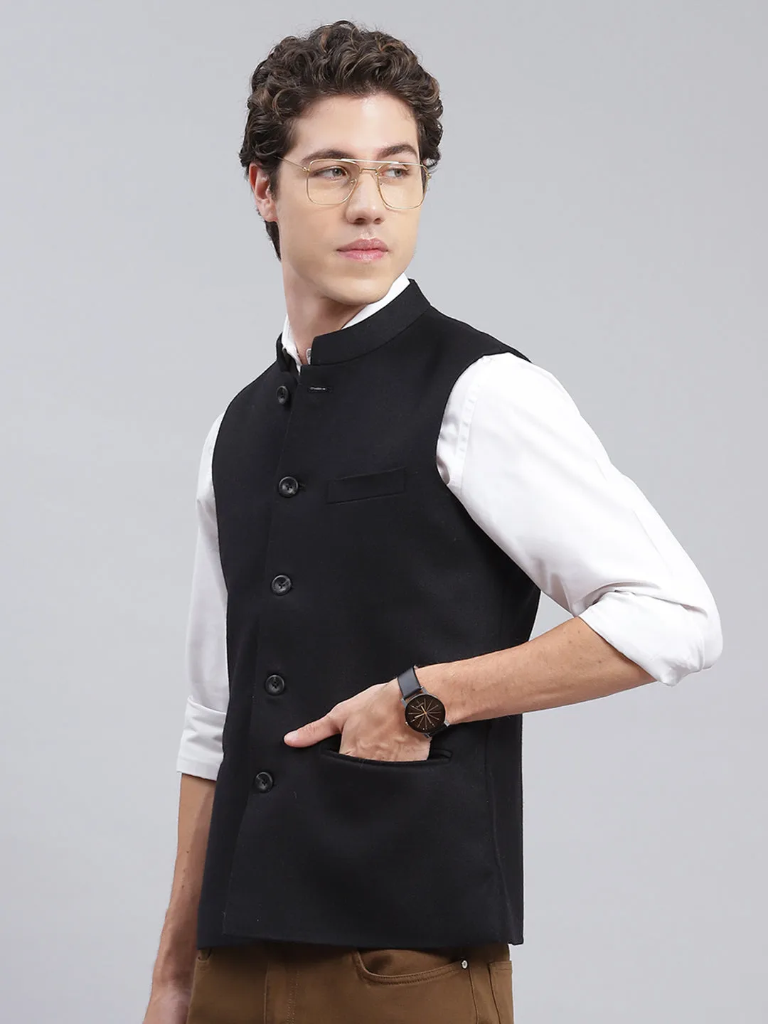 Men Black Solid Wool blend Coat