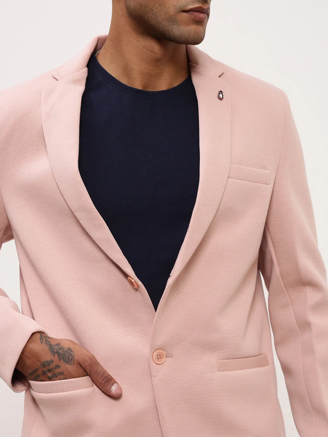 Men Pink Self Design Slim-Fit Single-Breasted Corduroy Cotton Blazer
