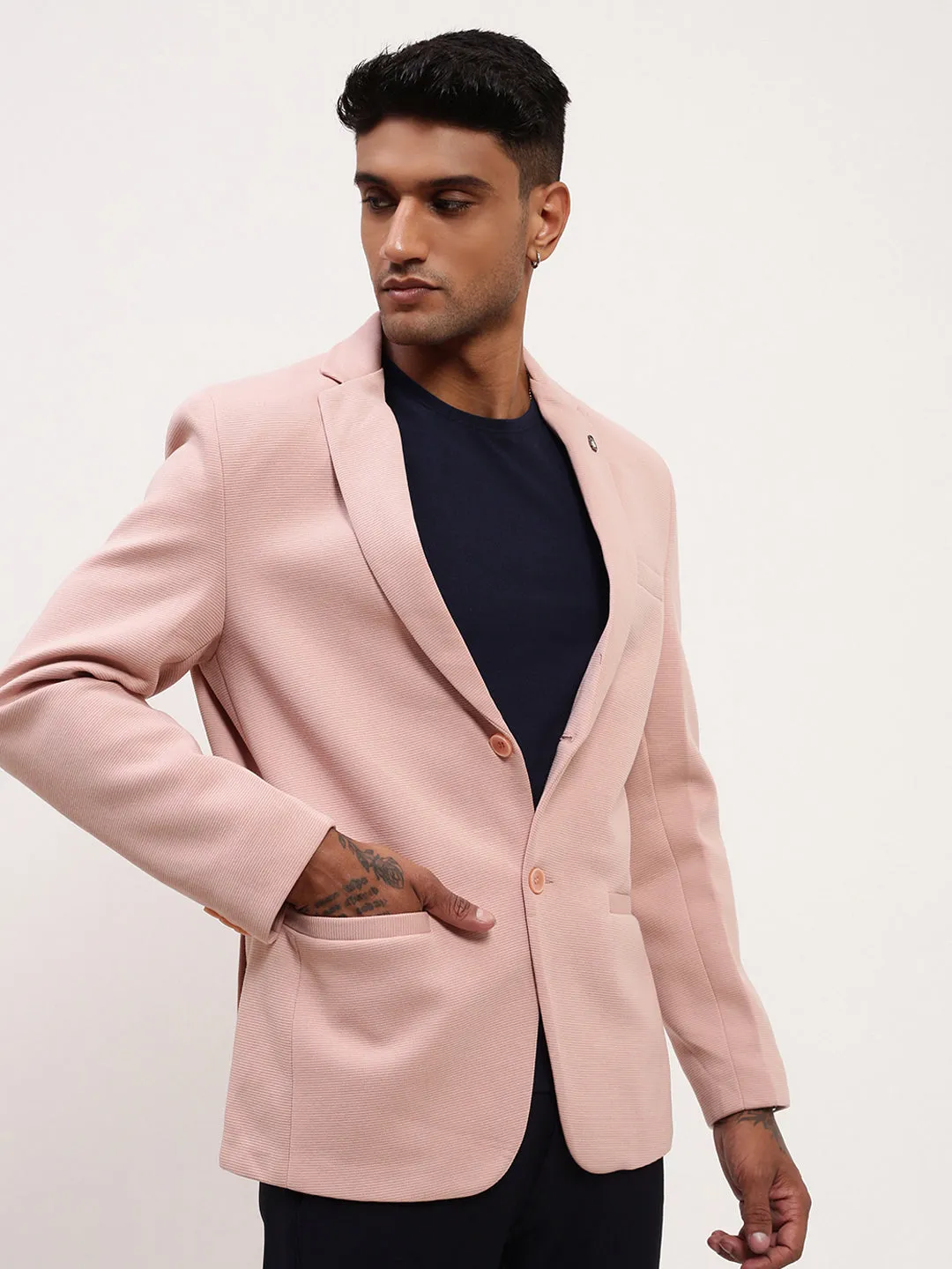 Men Pink Self Design Slim-Fit Single-Breasted Corduroy Cotton Blazer