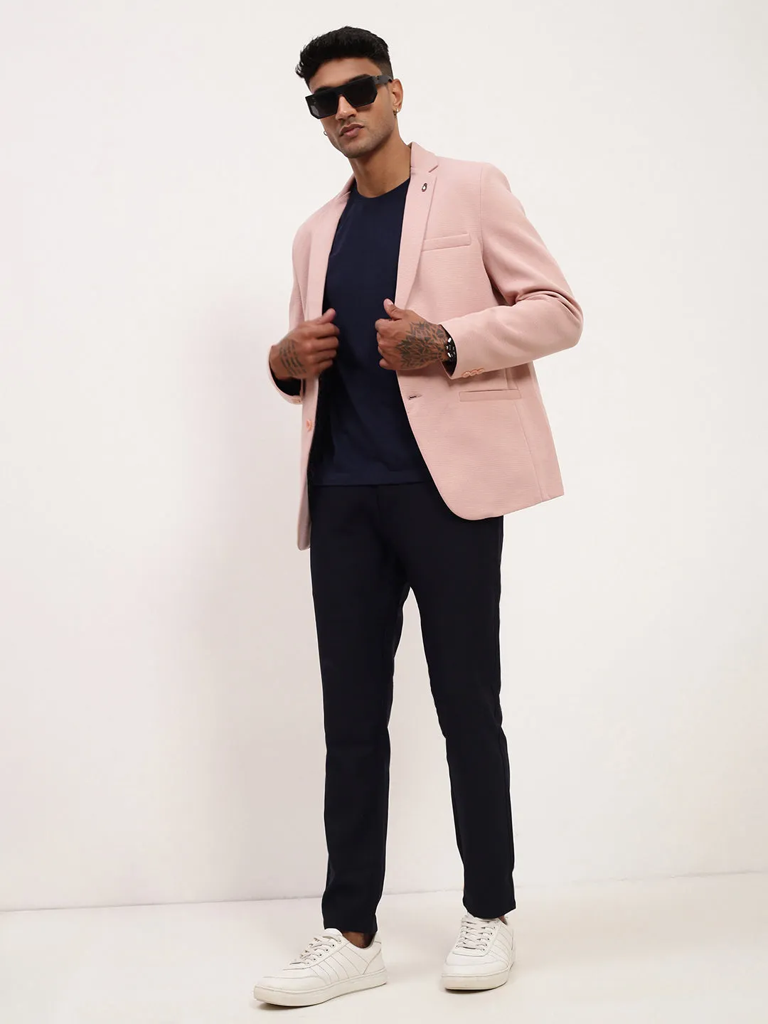 Men Pink Self Design Slim-Fit Single-Breasted Corduroy Cotton Blazer