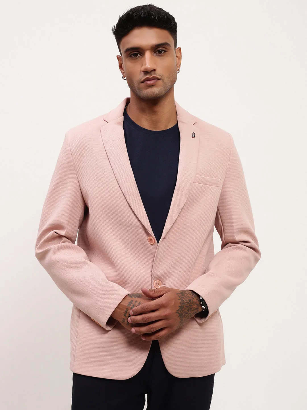 Men Pink Self Design Slim-Fit Single-Breasted Corduroy Cotton Blazer