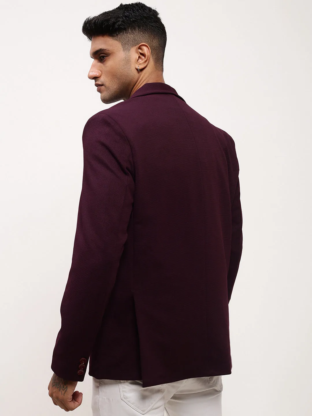 Men Purple Solid Single Breasted Blazer