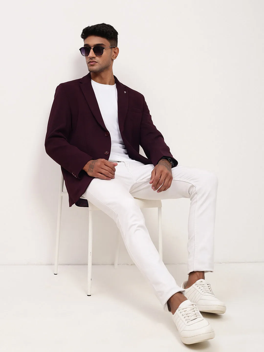 Men Purple Solid Single Breasted Blazer
