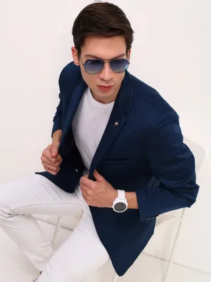 Men Teal Slim-Fit Single-Breasted Cotton Blazer
