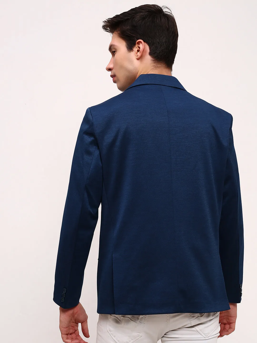 Men Teal Slim-Fit Single-Breasted Cotton Blazer