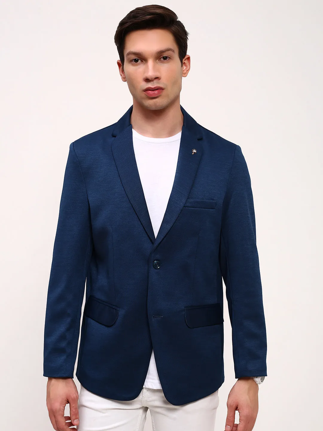 Men Teal Slim-Fit Single-Breasted Cotton Blazer