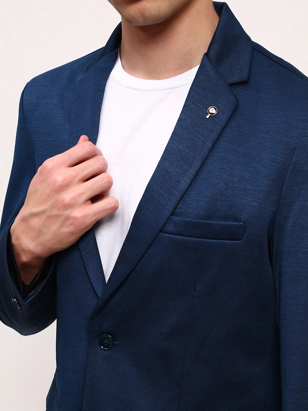 Men Teal Slim-Fit Single-Breasted Cotton Blazer