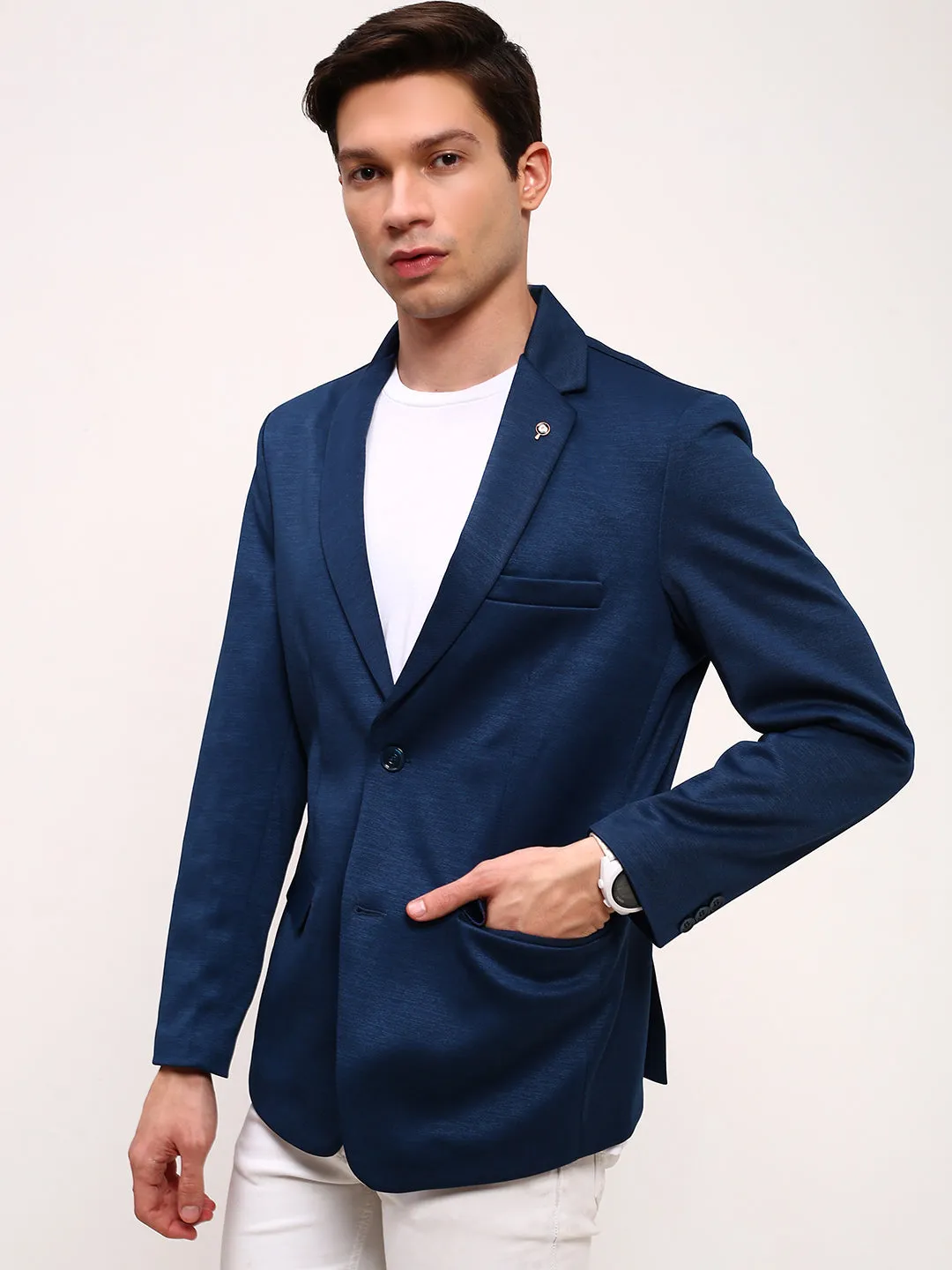 Men Teal Slim-Fit Single-Breasted Cotton Blazer