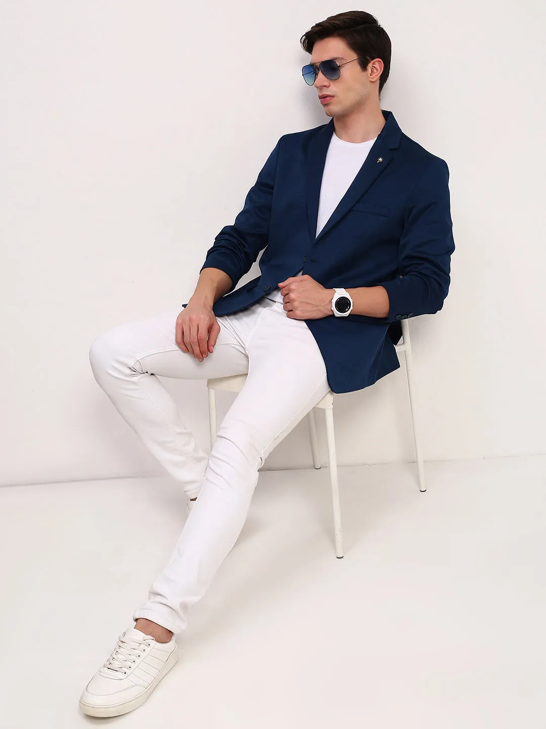 Men Teal Slim-Fit Single-Breasted Cotton Blazer