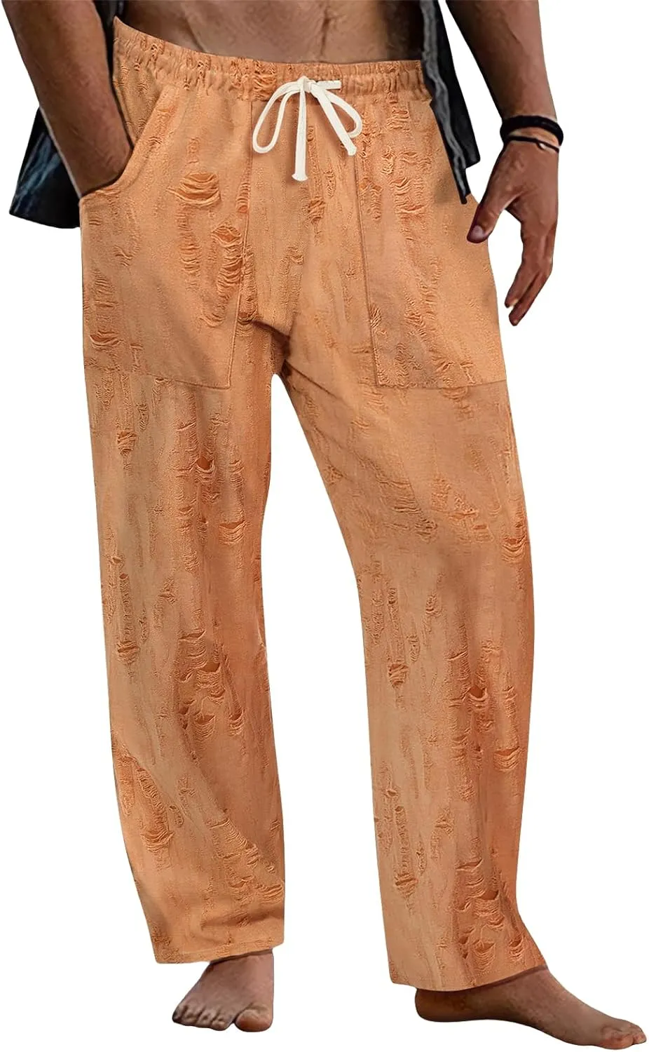 Men's Frayed Raw Pants Lightweight Ripped Elastic Waist Drawstring Pant Loose Outdoor Casual Beach Yoga Trousers