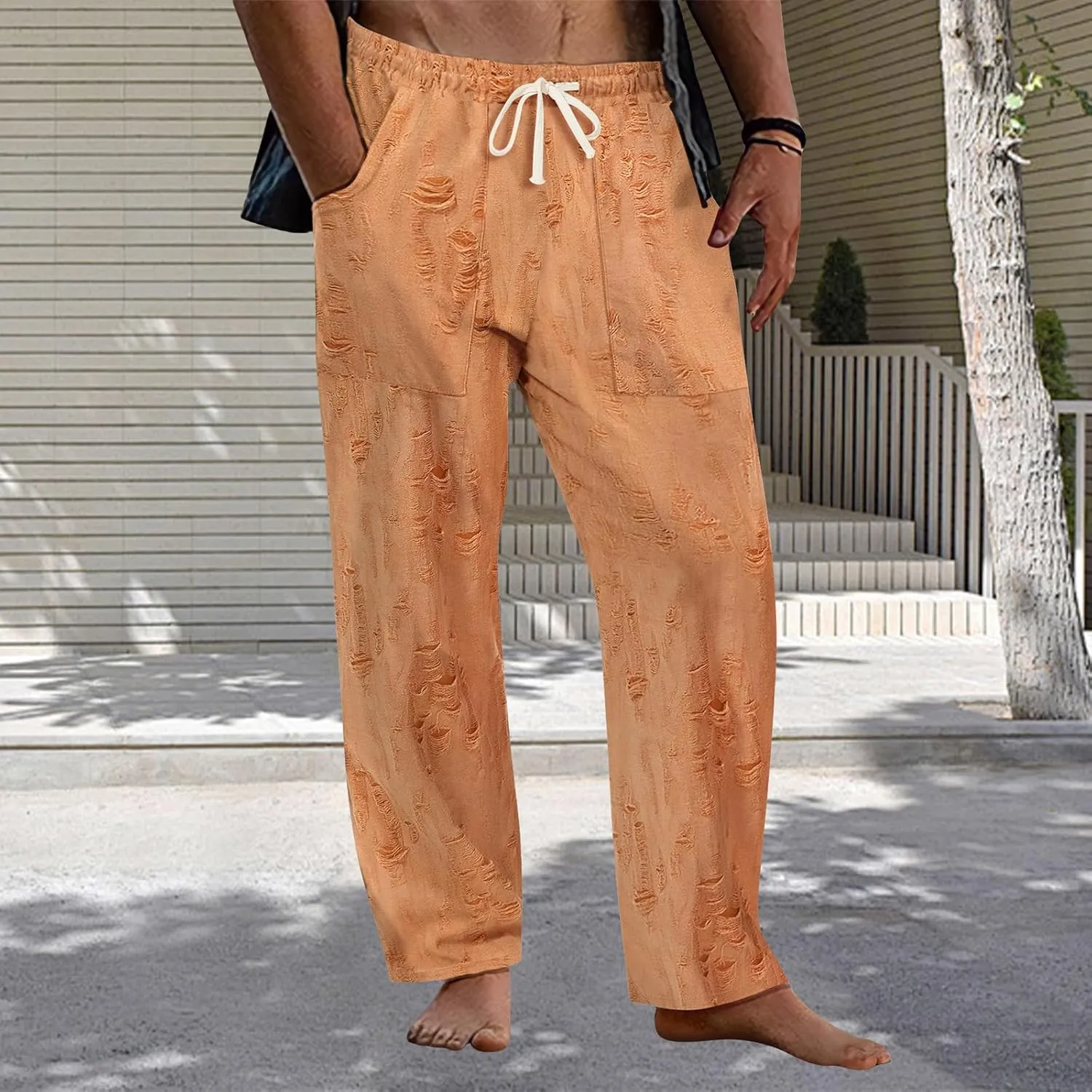 Men's Frayed Raw Pants Lightweight Ripped Elastic Waist Drawstring Pant Loose Outdoor Casual Beach Yoga Trousers