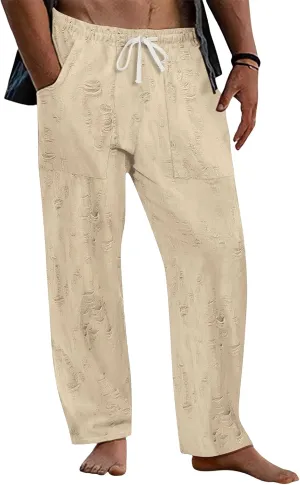 Men's Frayed Raw Pants Lightweight Ripped Elastic Waist Drawstring Pant Loose Outdoor Casual Beach Yoga Trousers