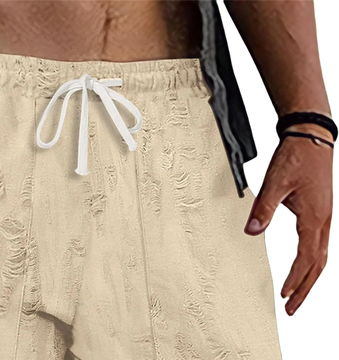 Men's Frayed Raw Pants Lightweight Ripped Elastic Waist Drawstring Pant Loose Outdoor Casual Beach Yoga Trousers