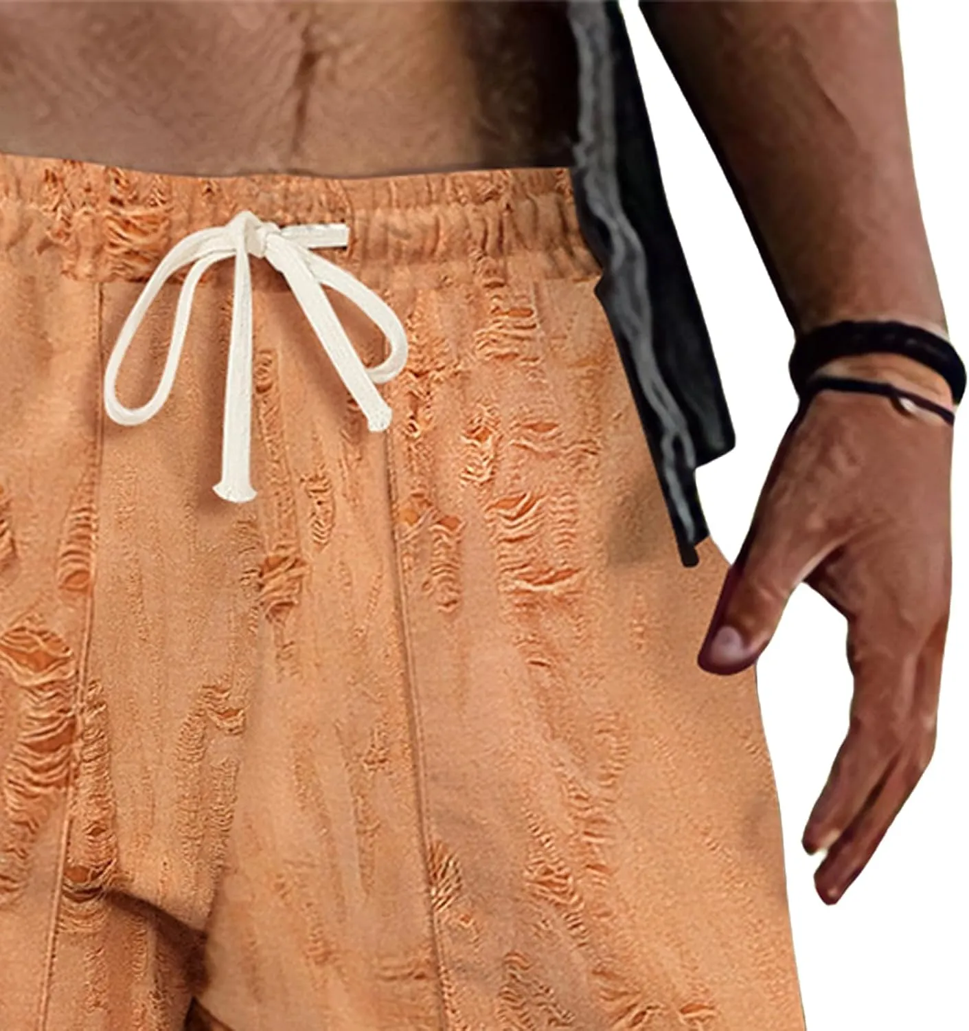 Men's Frayed Raw Pants Lightweight Ripped Elastic Waist Drawstring Pant Loose Outdoor Casual Beach Yoga Trousers