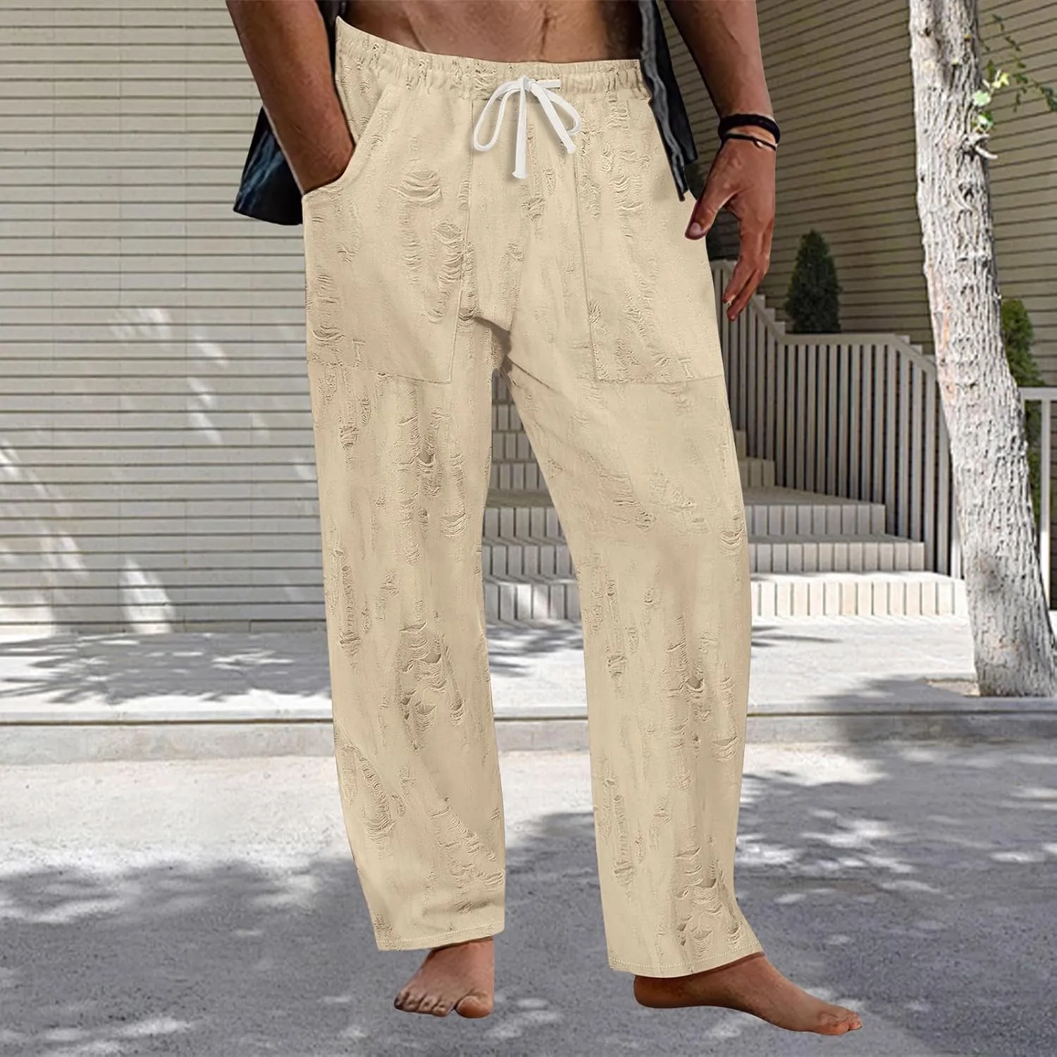 Men's Frayed Raw Pants Lightweight Ripped Elastic Waist Drawstring Pant Loose Outdoor Casual Beach Yoga Trousers