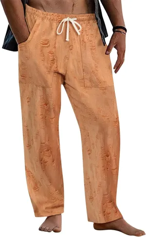 Men's Frayed Raw Pants Lightweight Ripped Elastic Waist Drawstring Pant Loose Outdoor Casual Beach Yoga Trousers