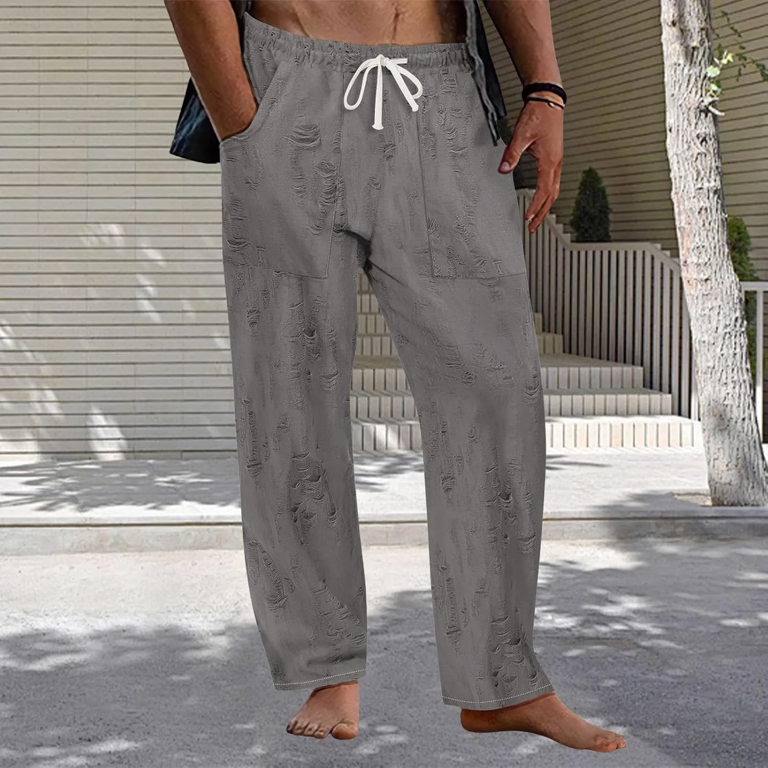 Men's Frayed Raw Pants Lightweight Ripped Elastic Waist Drawstring Pant Loose Outdoor Casual Beach Yoga Trousers