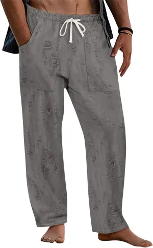 Men's Frayed Raw Pants Lightweight Ripped Elastic Waist Drawstring Pant Loose Outdoor Casual Beach Yoga Trousers