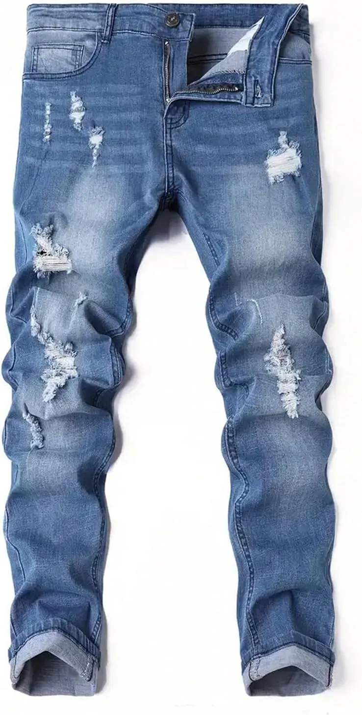 Men's Skinny Jeans High Waisted Ripped Stretch Distressed Denim Pants with Pockets
