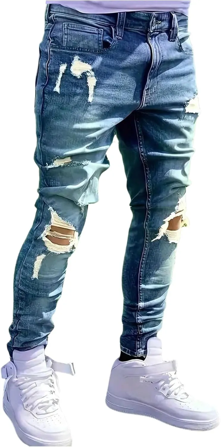 Men's Skinny Jeans High Waisted Ripped Stretch Distressed Denim Pants with Pockets