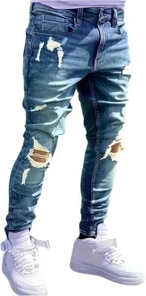 Men's Skinny Jeans High Waisted Ripped Stretch Distressed Denim Pants with Pockets